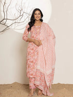 Thumbnail for Yufta Pink Floral Print Cotton Straight Kurta Dupatta Set - Distacart