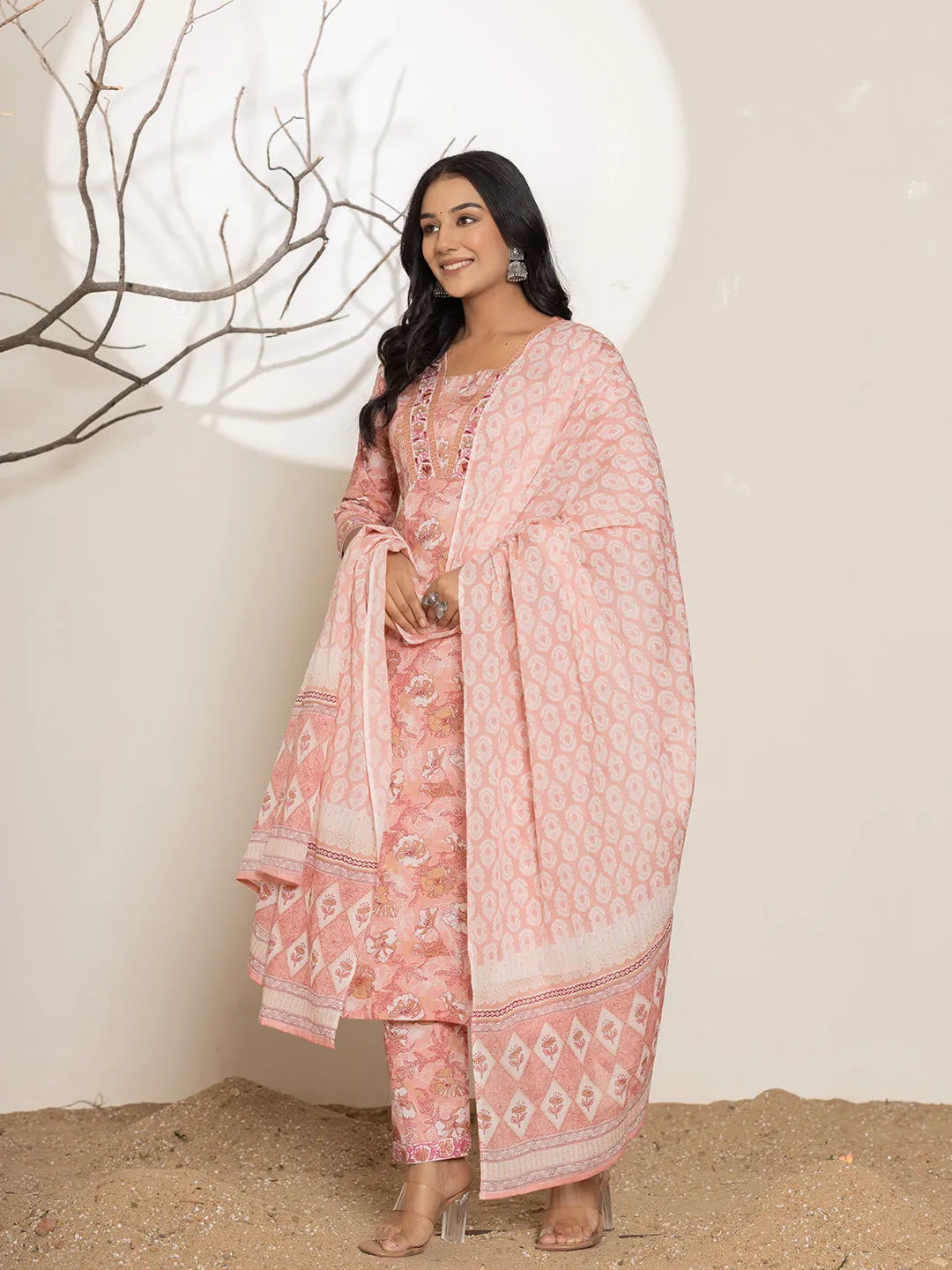 Yufta Pink Floral Print Cotton Straight Kurta Dupatta Set - Distacart