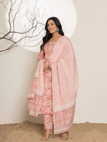 Thumbnail for Yufta Pink Floral Print Cotton Straight Kurta Dupatta Set - Distacart