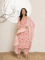 Thumbnail for Yufta Pink Floral Print Cotton Straight Kurta Dupatta Set - Distacart