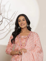 Thumbnail for Yufta Pink Floral Print Cotton Straight Kurta Dupatta Set - Distacart