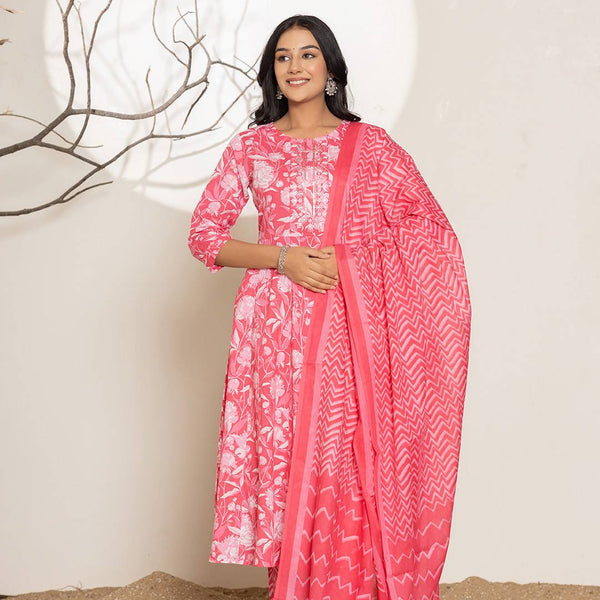 Yufta Pink Floral Print Embroidery Cotton Anarkali Suit Set - Distacart