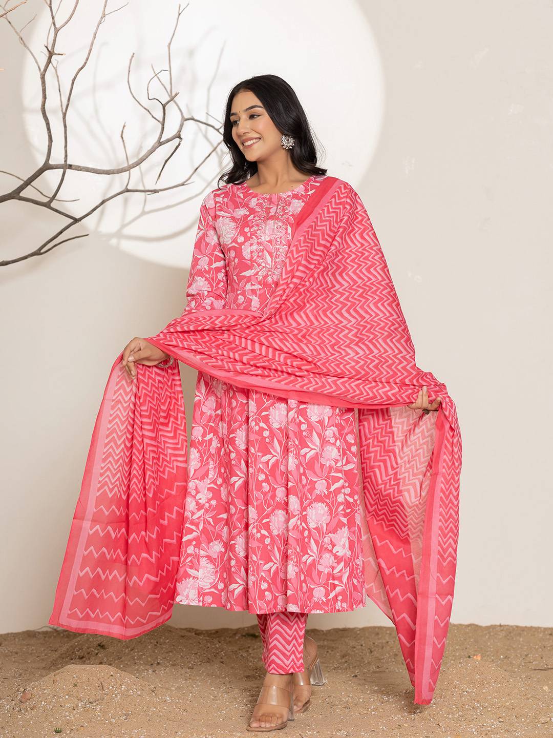 Yufta Pink Floral Print Embroidery Cotton Anarkali Suit Set - Distacart