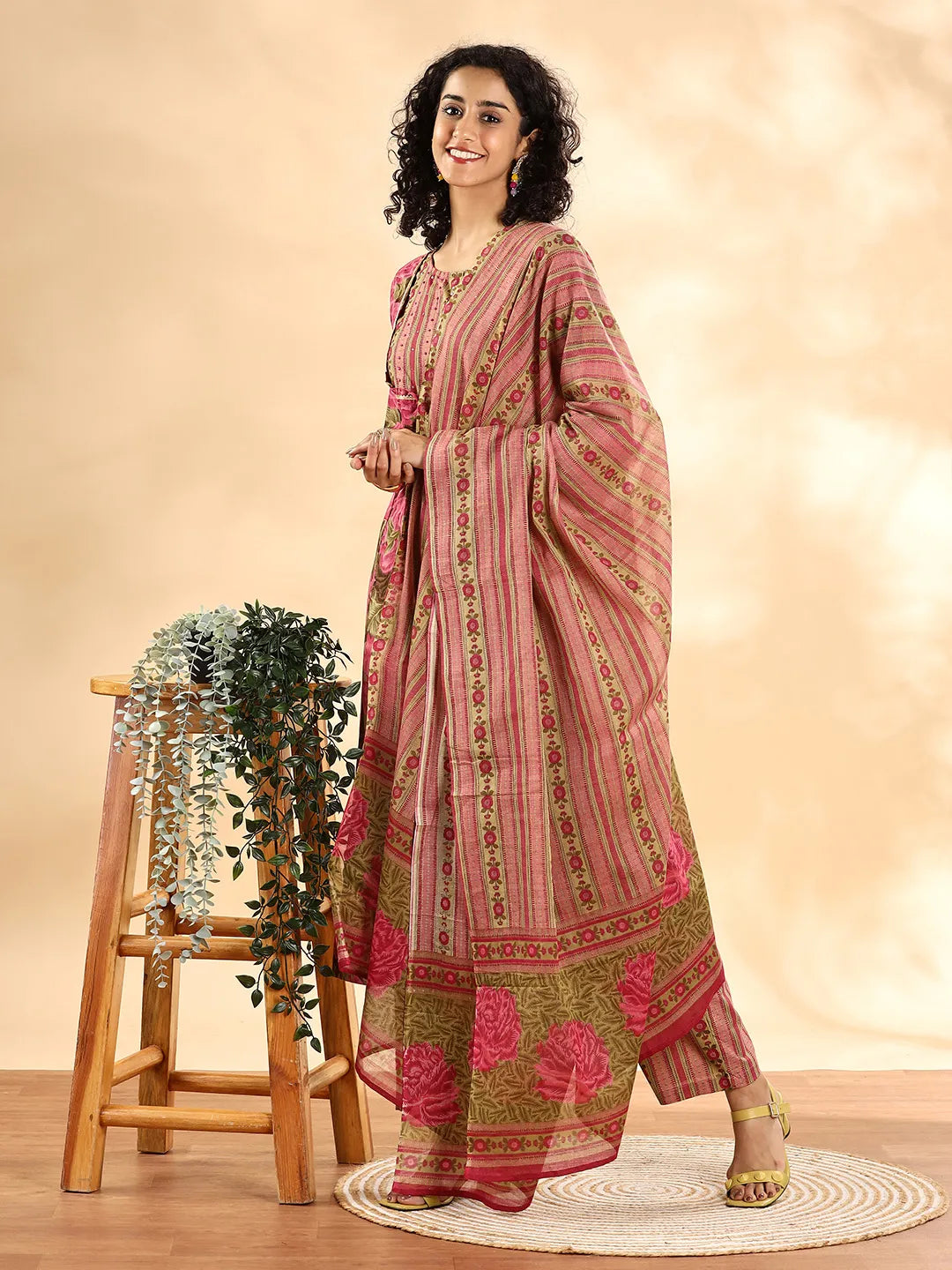 Yufta Pink Floral Print Sequins Work Anarkali Kurta And Trouser With Dupatta Set - Distacart