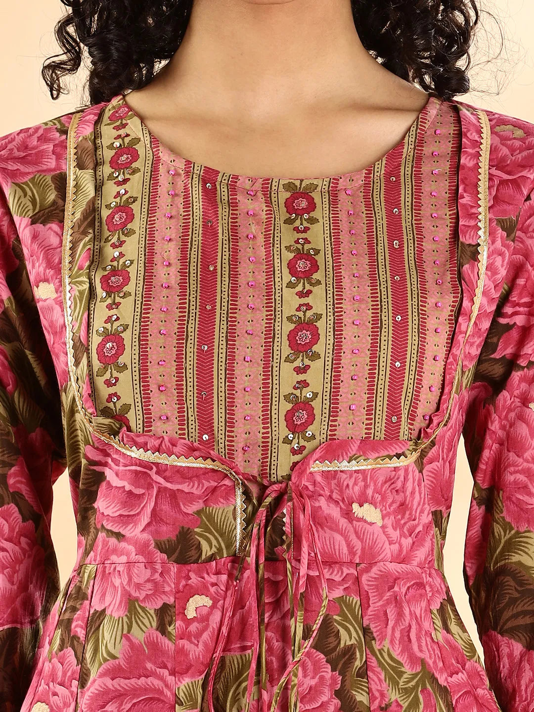 Yufta Pink Floral Print Sequins Work Anarkali Kurta And Trouser With Dupatta Set