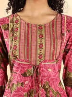 Thumbnail for Yufta Pink Floral Print Sequins Work Anarkali Kurta And Trouser With Dupatta Set