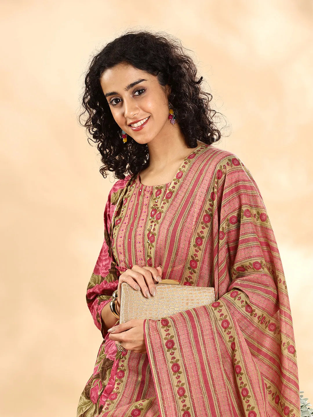 Yufta Pink Floral Print Sequins Work Anarkali Kurta And Trouser With Dupatta Set