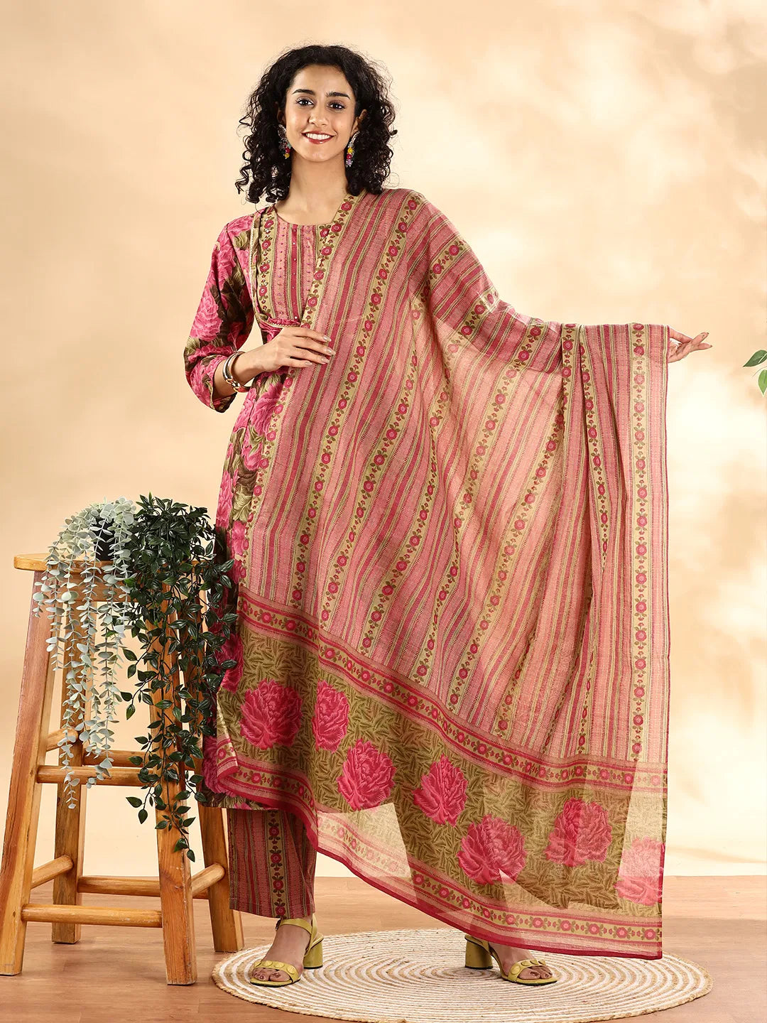 Yufta Pink Floral Print Sequins Work Anarkali Kurta And Trouser With Dupatta Set