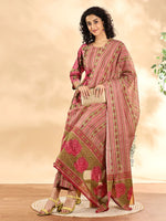 Thumbnail for Yufta Pink Floral Print Sequins Work Anarkali Kurta And Trouser With Dupatta Set