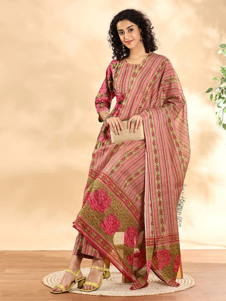 Yufta Pink Floral Print Sequins Work Anarkali Kurta And Trouser With Dupatta Set