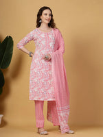 Thumbnail for Yufta Pink Floral Print Straight Kurta Trouser Dupatta Set