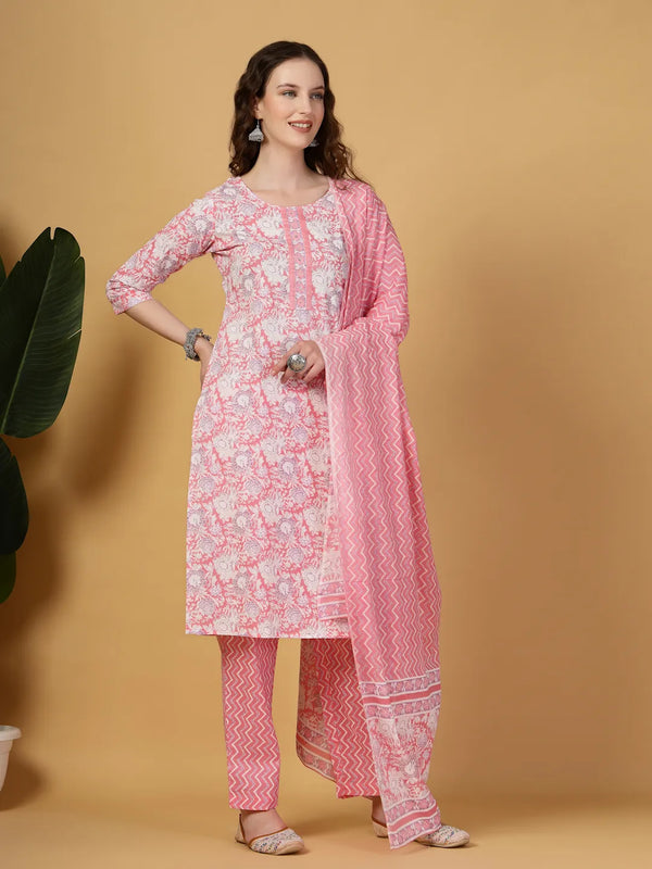 Yufta Pink Floral Print Straight Kurta Trouser Dupatta Set