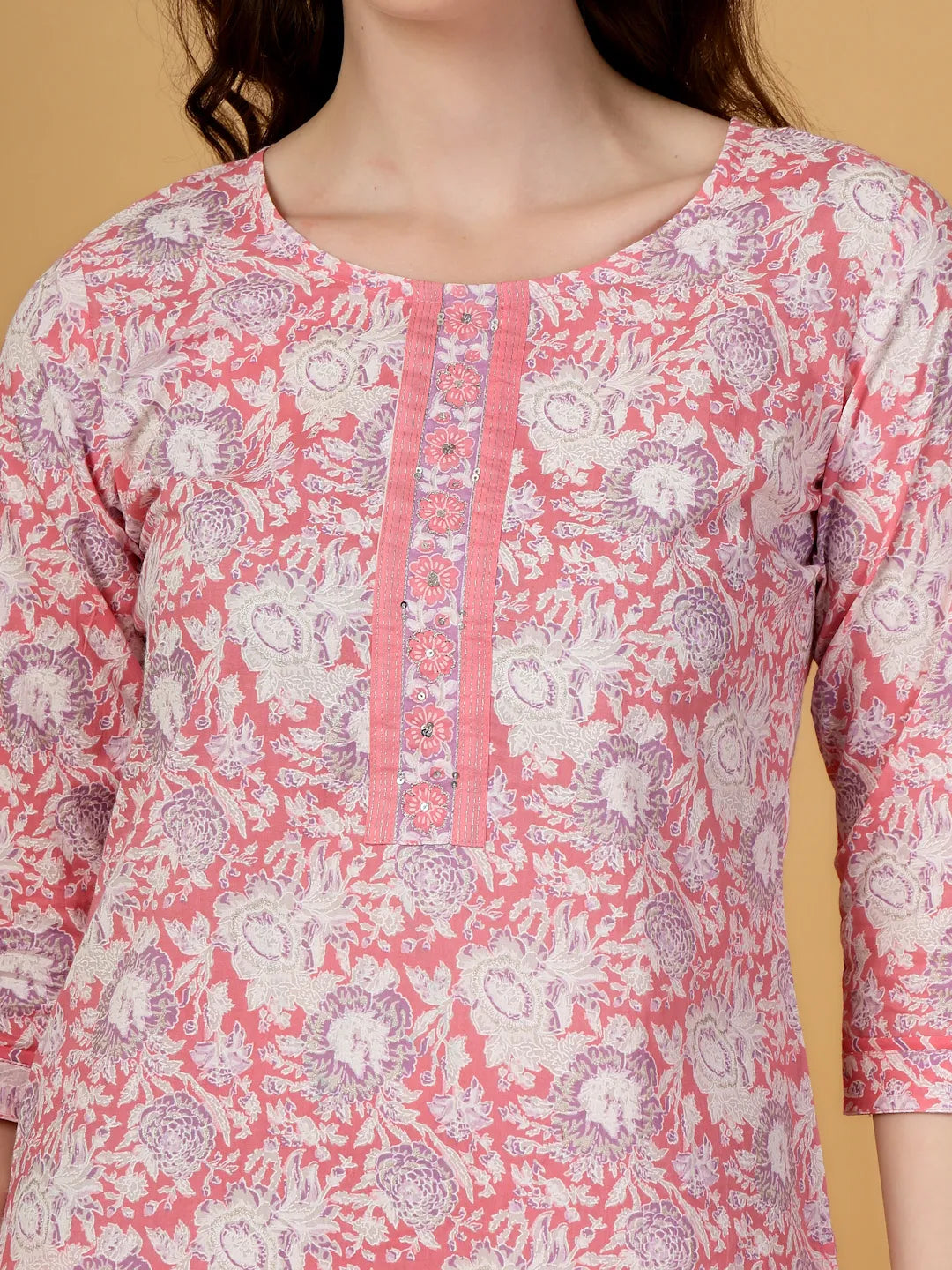Yufta Pink Floral Print Straight Kurta Trouser Dupatta Set