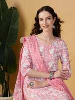 Thumbnail for Yufta Pink Floral Print Straight Kurta Trouser Dupatta Set