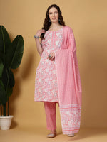 Thumbnail for Yufta Pink Floral Print Straight Kurta Trouser Dupatta Set