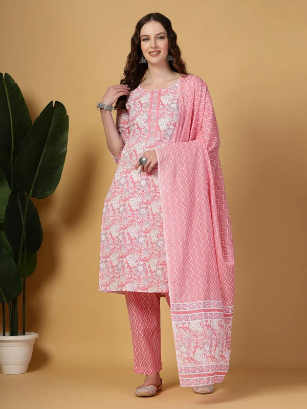 Yufta Pink Floral Print Straight Kurta Trouser Dupatta Set