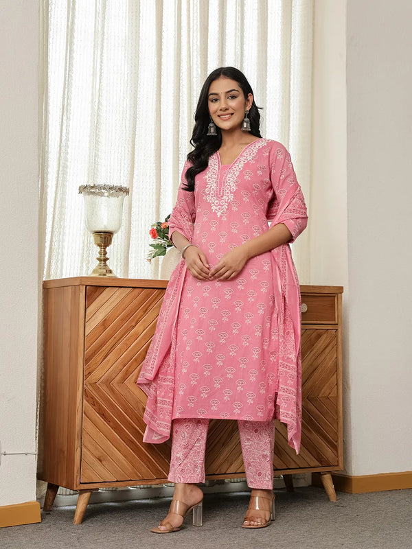 Yufta Pink Floral Thread Work Straight Kurta Trouser Dupatta Set