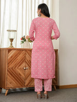 Thumbnail for Yufta Pink Floral Thread Work Straight Kurta Trouser Dupatta Set