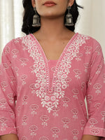 Thumbnail for Yufta Pink Floral Thread Work Straight Kurta Trouser Dupatta Set