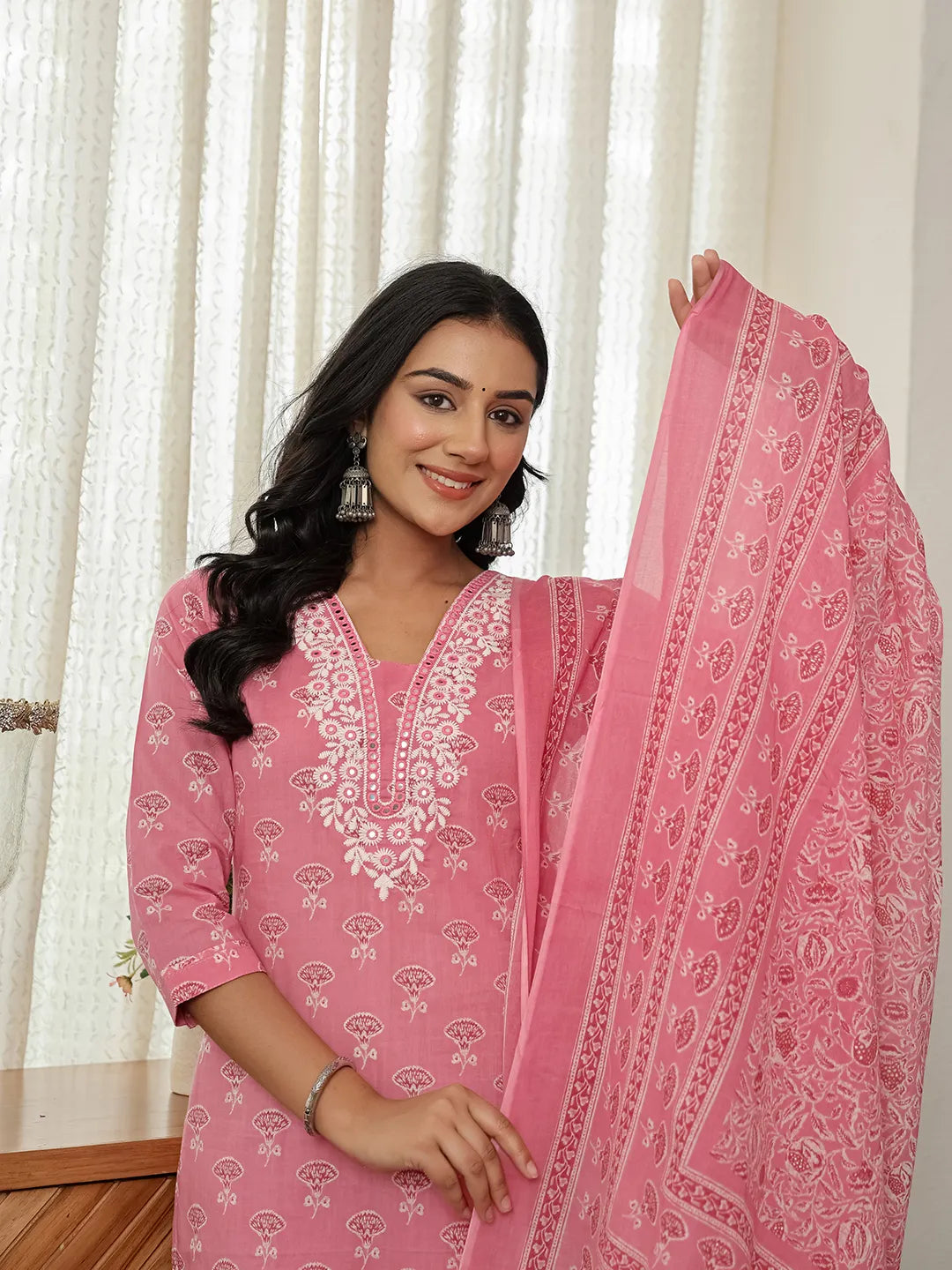 Yufta Pink Floral Thread Work Straight Kurta Trouser Dupatta Set