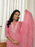 Thumbnail for Yufta Pink Floral Thread Work Straight Kurta Trouser Dupatta Set