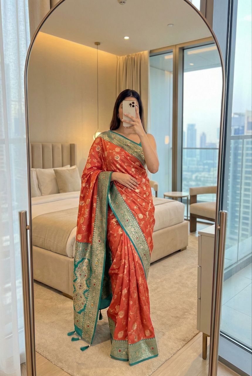 Mameraa Sarees Pink Soft Silk Blend Saree With Zari Weaving Meenakari Design-Pink - Dista