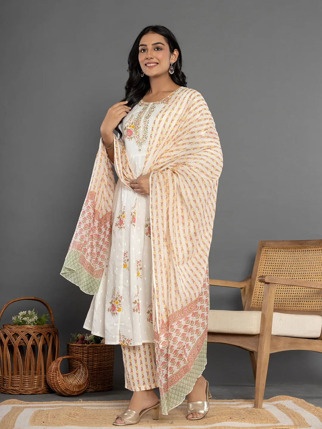 Yufta Pink Gota_Patti Cotton Anarkali Kurta Dupatta Pant Set - Distacart