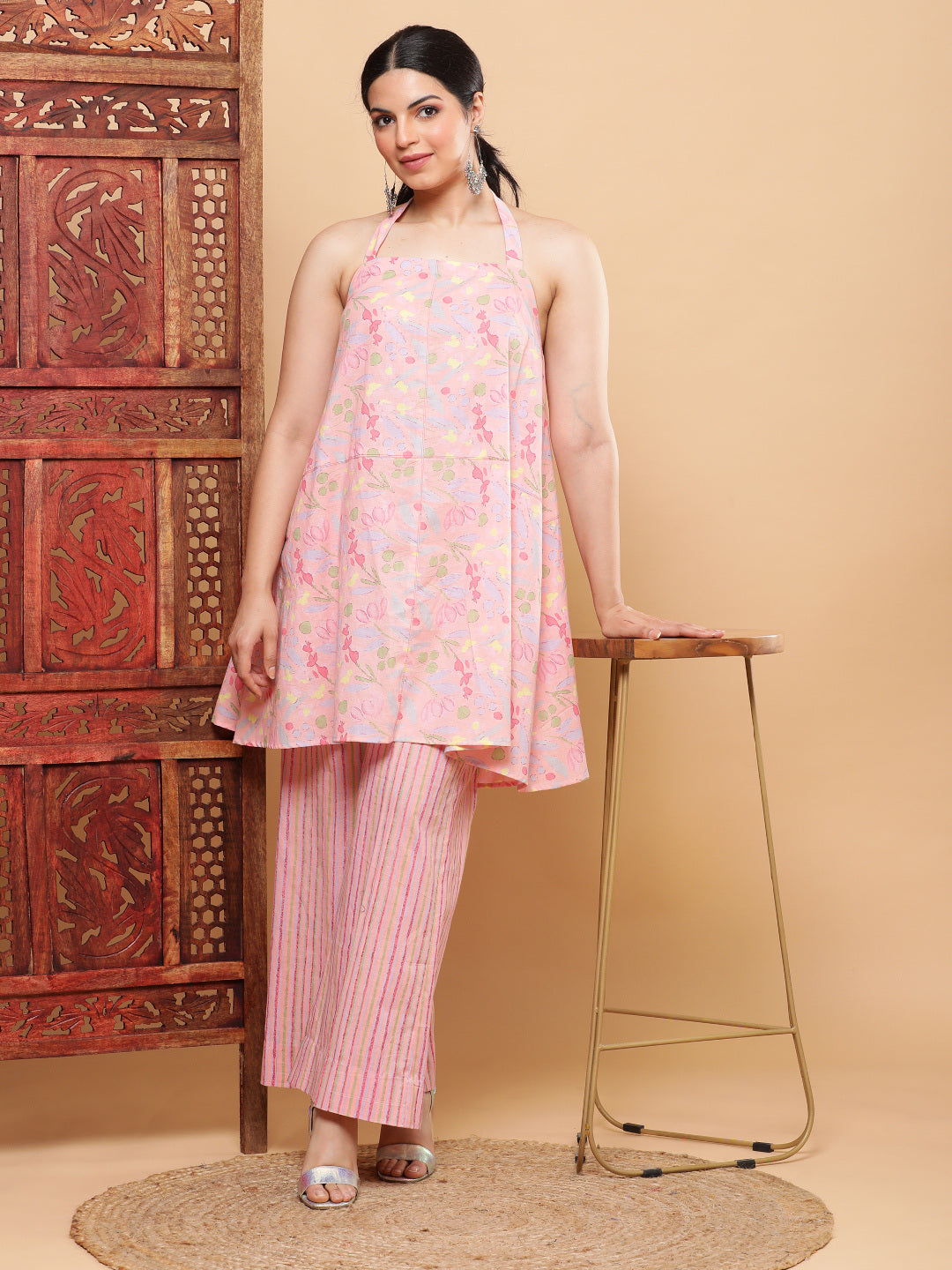 BohoJazz Pink Vacay Halter Top with Comfort Pants Co-ord Set