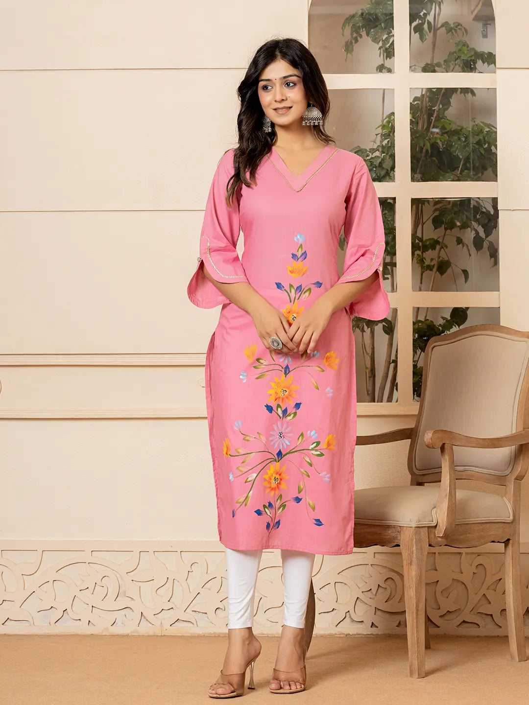 Yufta Pink Hand Painted Straight Kurta - Distacart