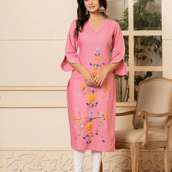 Yufta Pink Hand Painted Straight Kurta - Distacart
