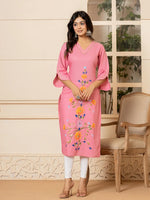 Thumbnail for Yufta Pink Hand Painted Straight Kurta - Distacart