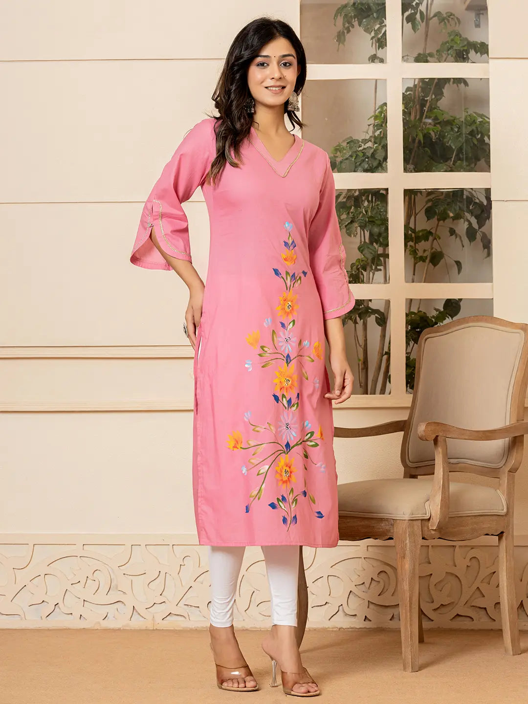 Yufta Pink Hand Painted Straight Kurta - Distacart