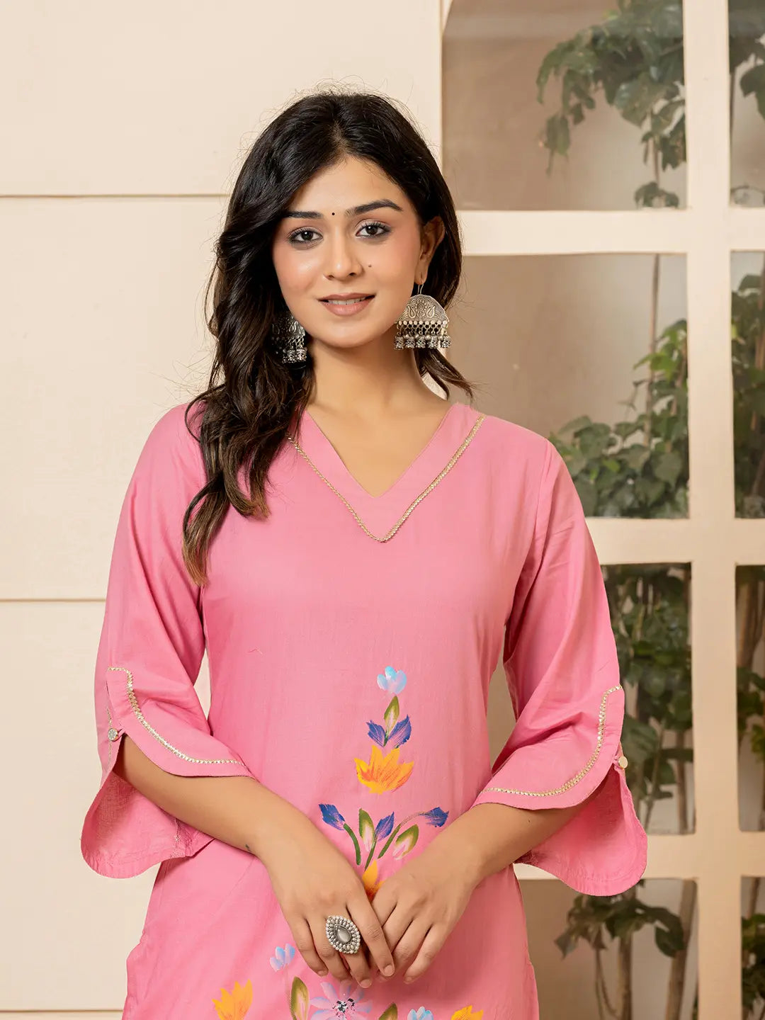 Yufta Pink Hand Painted Straight Kurta - Distacart