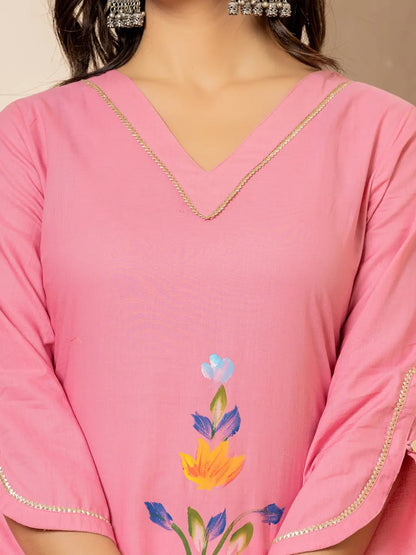 Yufta Pink Hand Painted Straight Kurta - Distacart