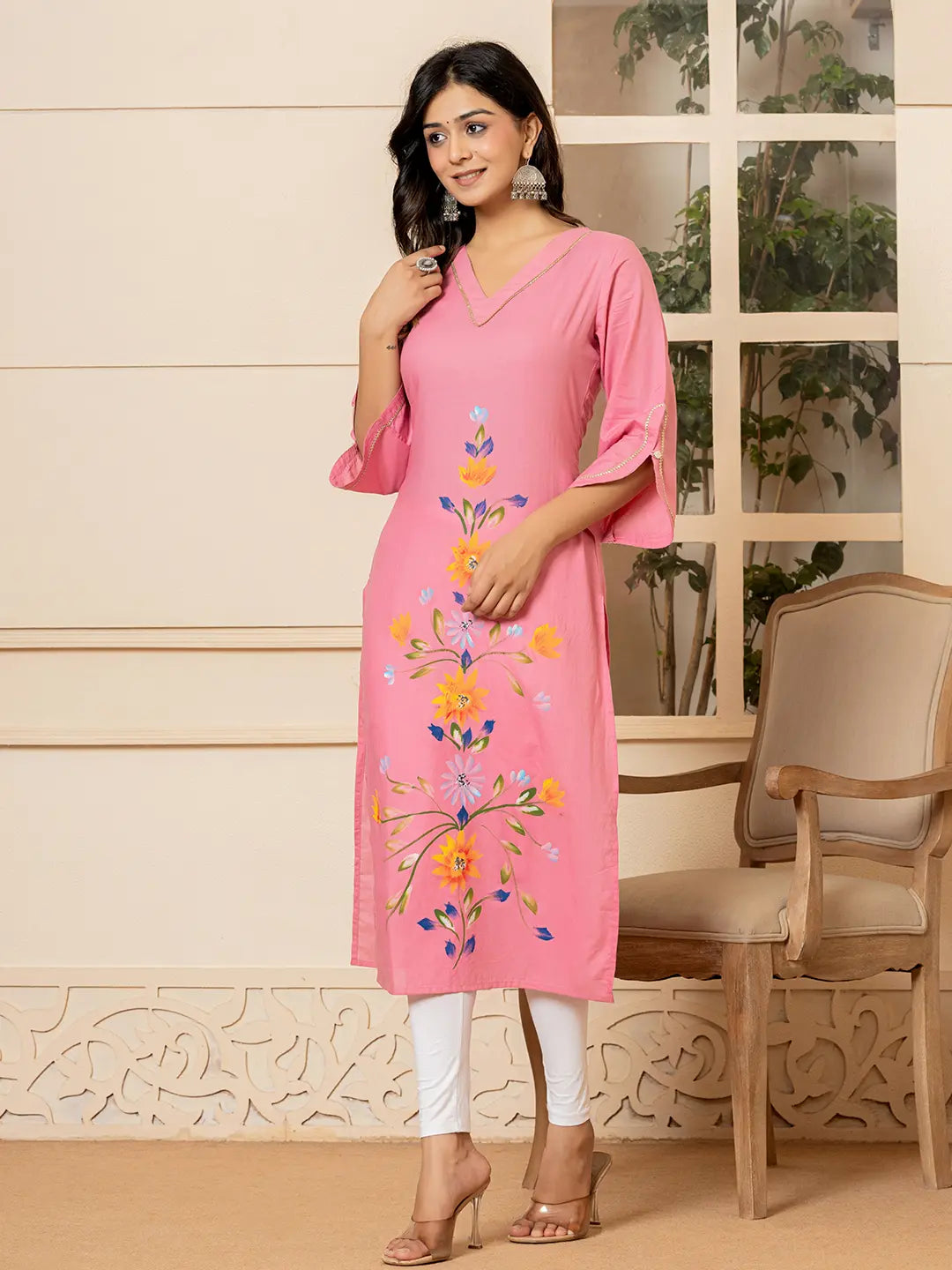 Yufta Pink Hand Painted Straight Kurta - Distacart