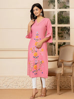 Thumbnail for Yufta Pink Hand Painted Straight Kurta - Distacart
