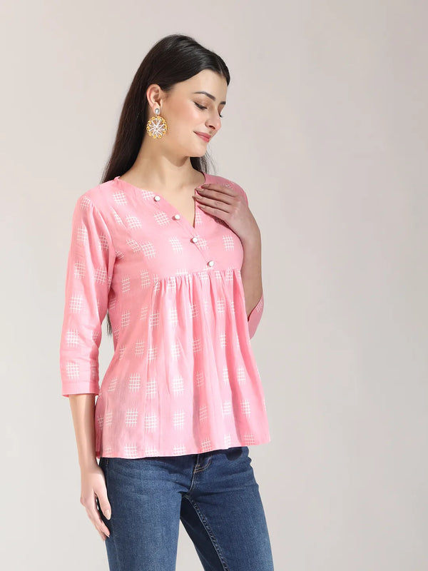 Yufta Pink Handloom Cotton Gathered Or Pleated Top