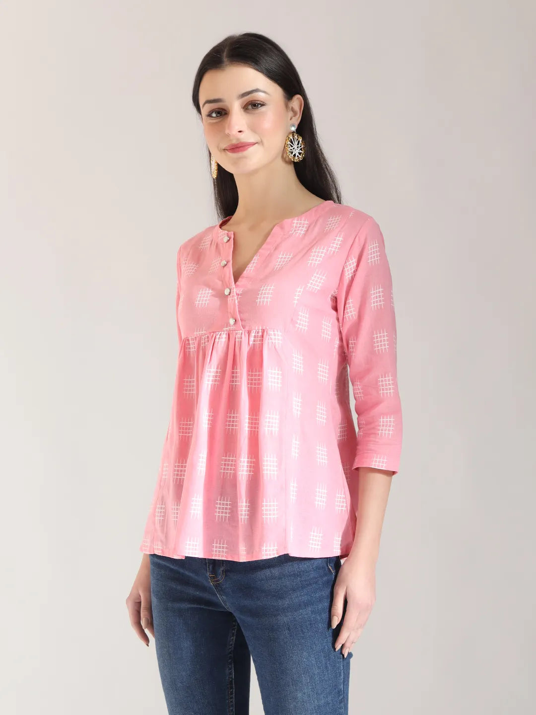 Yufta Pink Handloom Cotton Gathered Or Pleated Top