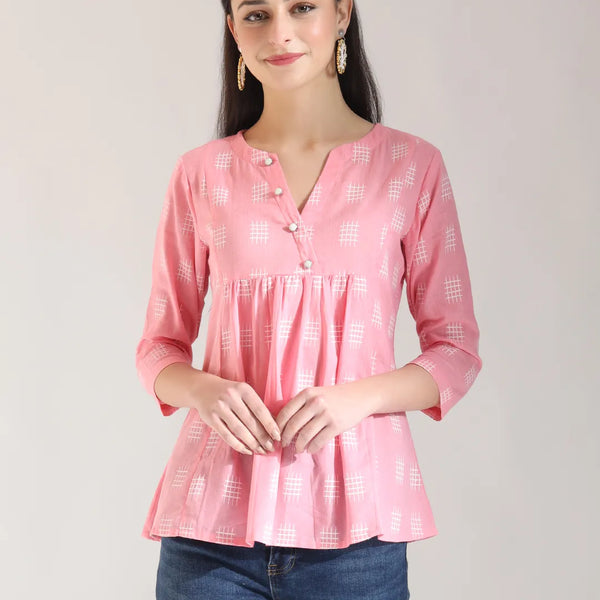 Yufta Pink Handloom Cotton Gathered Or Pleated Top - Distacart