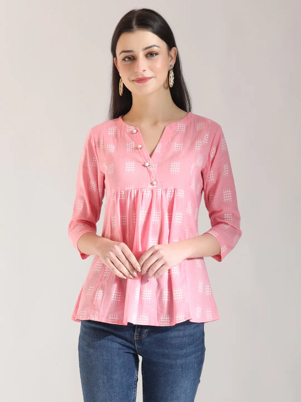 Yufta Pink Handloom Cotton Gathered Or Pleated Top