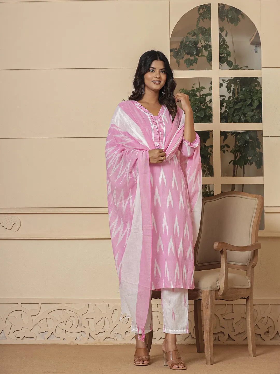 Yufta Pink Ikat Print Straight Strappy Kurta Trouser And Dupatta Set