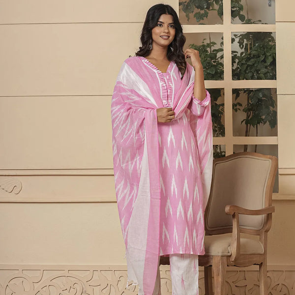 Yufta Pink Ikat Print Straight Strappy Kurta Trouser And Dupatta Set - Distacart
