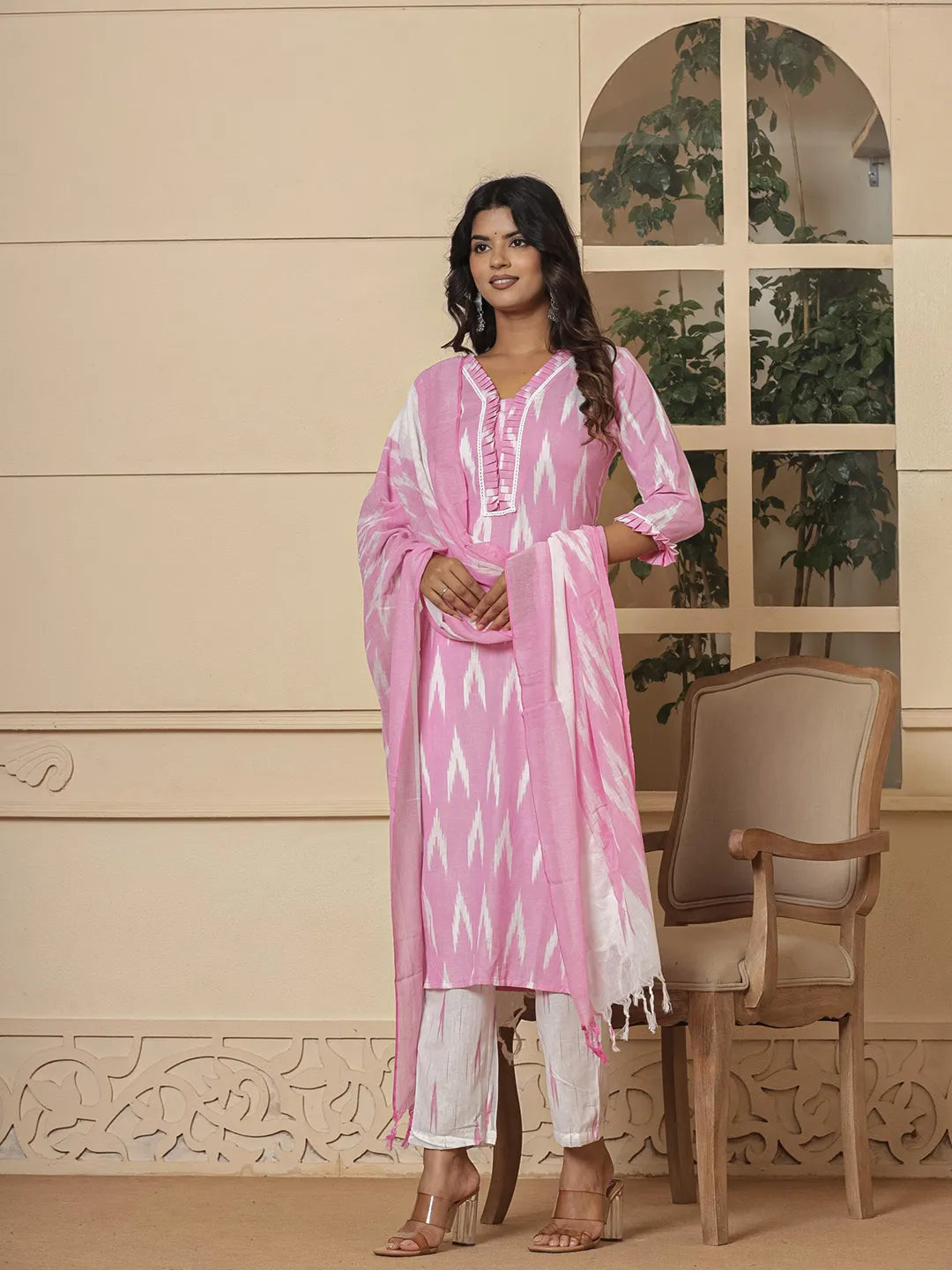 Yufta Pink Ikat Print Straight Strappy Kurta Trouser And Dupatta Set - Distacart