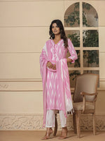 Thumbnail for Yufta Pink Ikat Print Straight Strappy Kurta Trouser And Dupatta Set