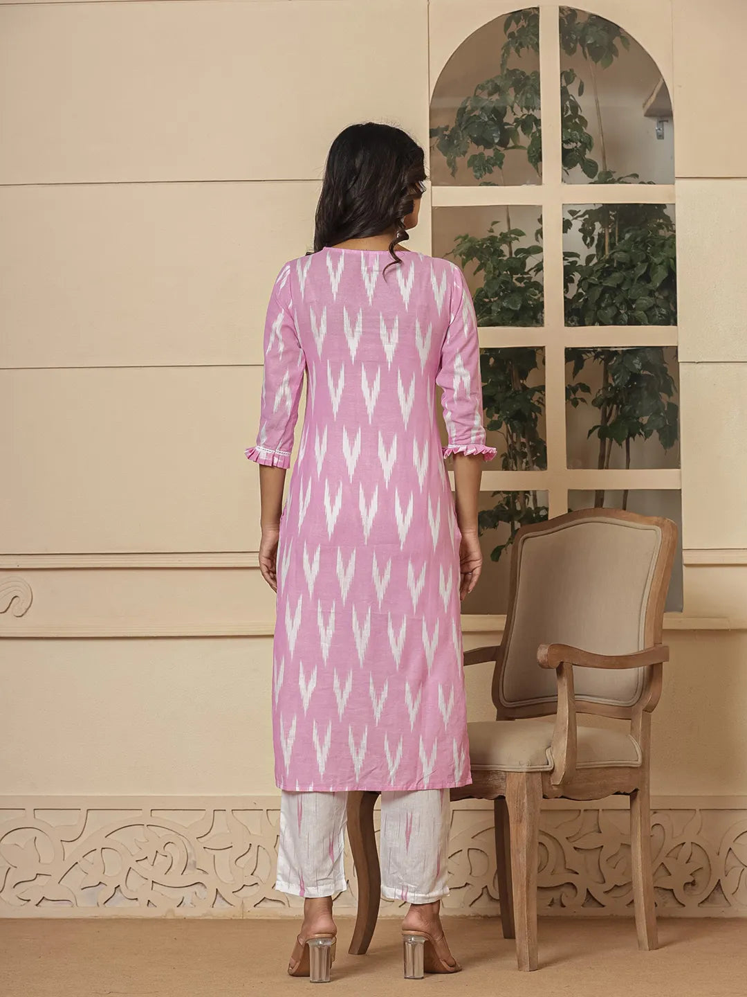 Yufta Pink Ikat Print Straight Strappy Kurta Trouser And Dupatta Set