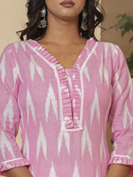 Thumbnail for Yufta Pink Ikat Print Straight Strappy Kurta Trouser And Dupatta Set