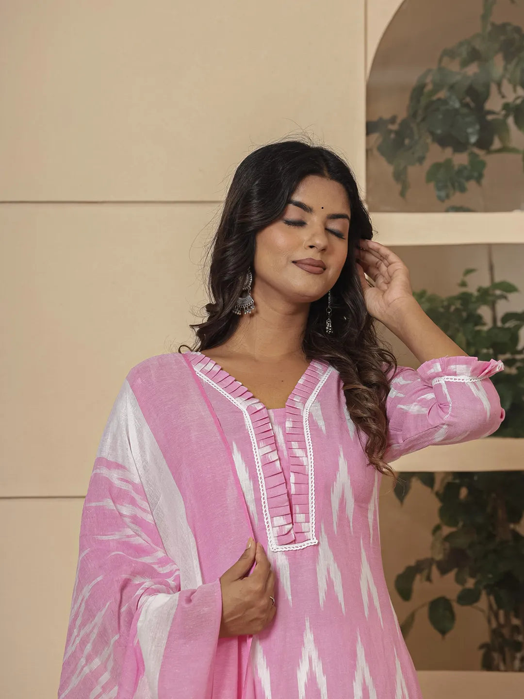 Yufta Pink Ikat Print Straight Strappy Kurta Trouser And Dupatta Set