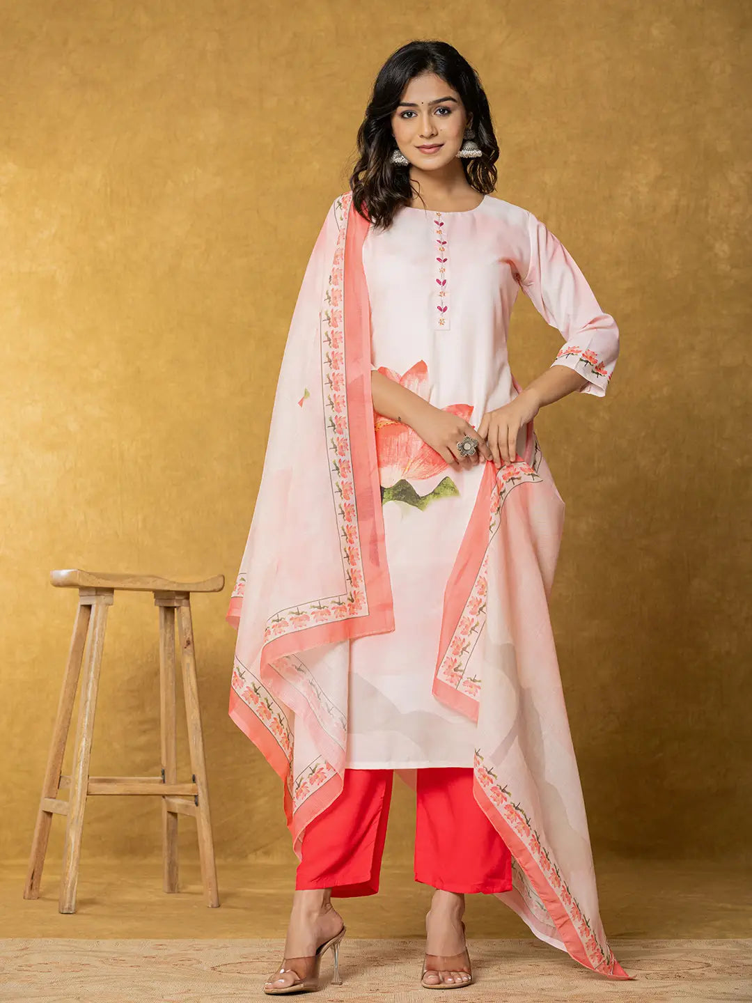 Yufta Pink Linen Kurta Dupatta Pant Set - Distacart