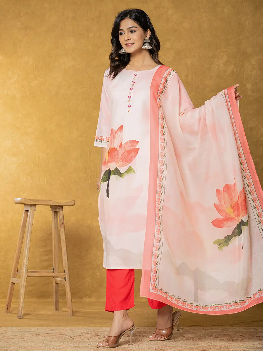 Yufta Pink Linen Kurta Dupatta Pant Set - Distacart