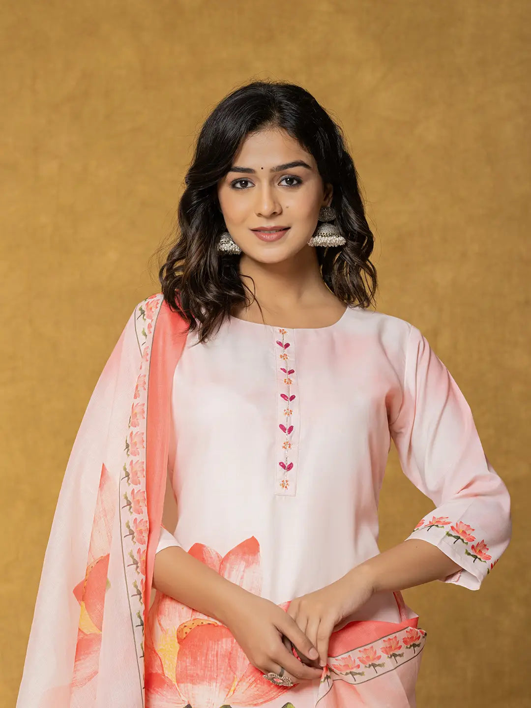 Yufta Pink Linen Kurta Dupatta Pant Set